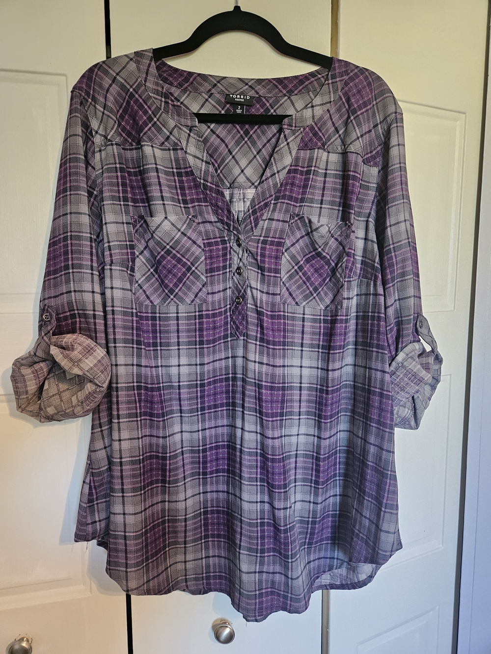 torrid Purple & Gray Plaid Button-Front Tunic - Picture 4 of 5